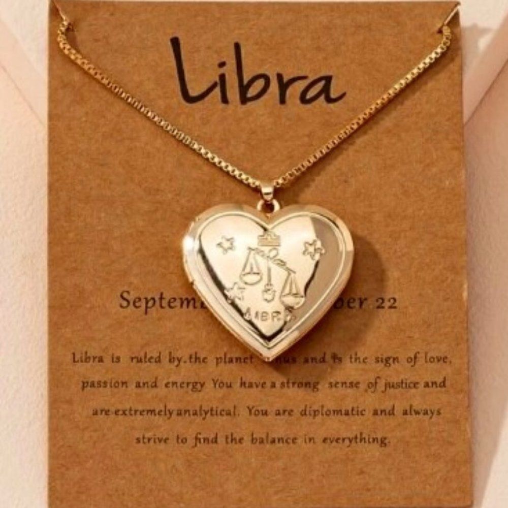 LIBRA GOLD ZODIAC HEART LOCKET NECKLACE